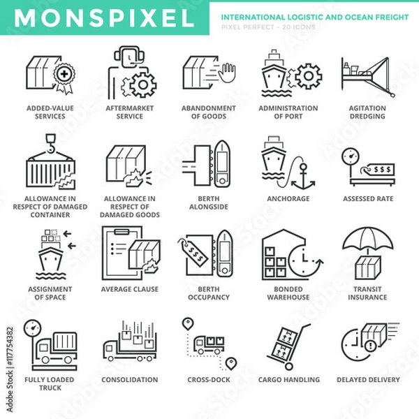 Fototapeta Flat thin line Icons set of International Logistic and Ocean Freight. Pixel Perfect Icons. Simple mono linear pictogram pack stroke vector logo concept for web graphics.