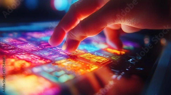 Fototapeta A close-up of a hand using a colorful touch screen interface
