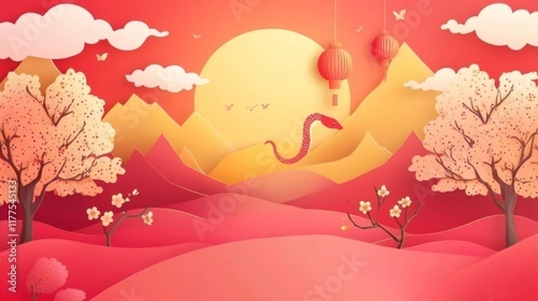 Fototapeta Paper-cut Chinese New Year background with a red and gold snake, lanterns, plum blossoms, clouds, flat design, and a large area of blank space in the middle.