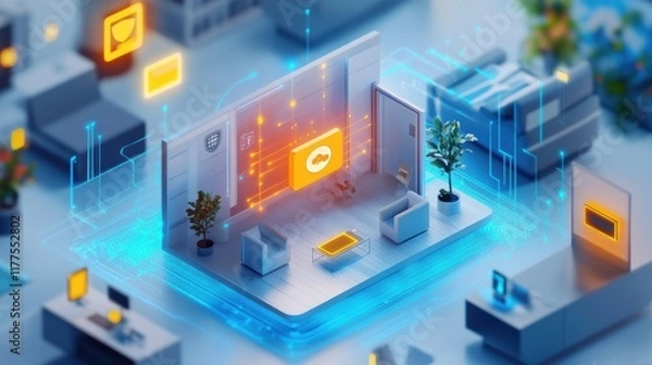 Fototapeta Futuristic apartment featuring a smart home automation system with a central control hub and interconnected devices enhancing security, energy efficiency, and convenience