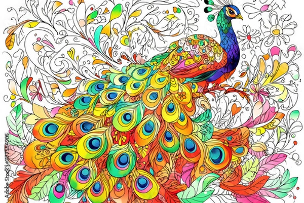 Obraz vibrant hand drawn illustration of colorful peacock with intricate floral details