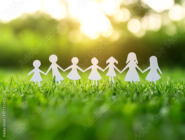 Fototapeta Group of paper people on grass with light background