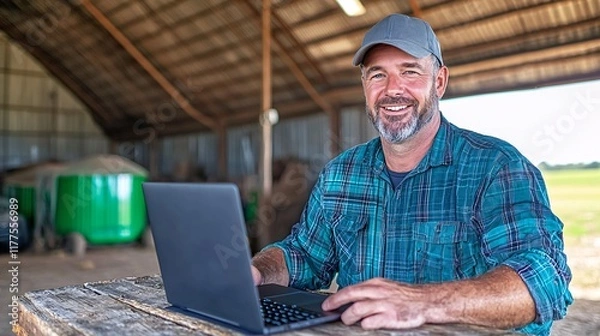 Fototapeta Farm worker using laptop in barn agriculture rural setting professional environment motivational concept