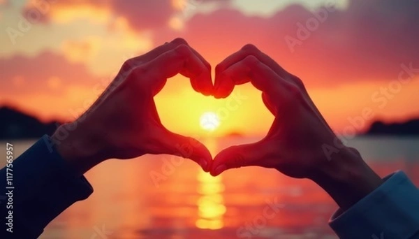 Obraz Two hands create heart, capturing vibrant sunset , sun, glow