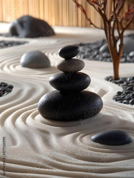 Fototapeta Harmoniously Sculpted Zen Garden Landscape with Tranquil Sand Patterns and Thoughtfully Placed Stones
