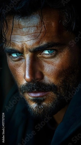 Fototapeta Cinematic High Contrast Portrait of a Man with Captivating Sincere Expression in Dramatic Moody Lighting
