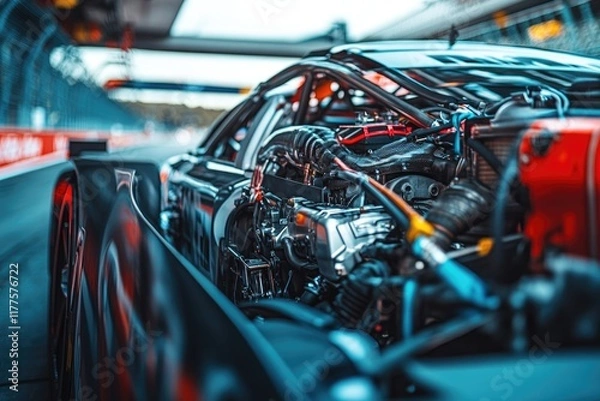Fototapeta creative shot of race car engine bay mechanical details intricate with track softly blurred behind
