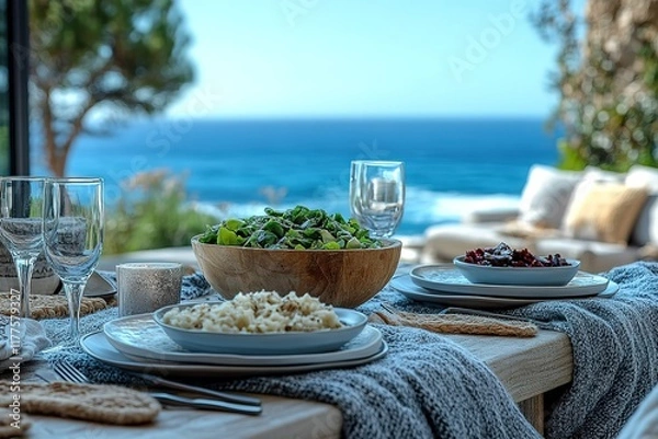 Fototapeta Oceanfront dining: A table set for a meal with stunning ocean views.