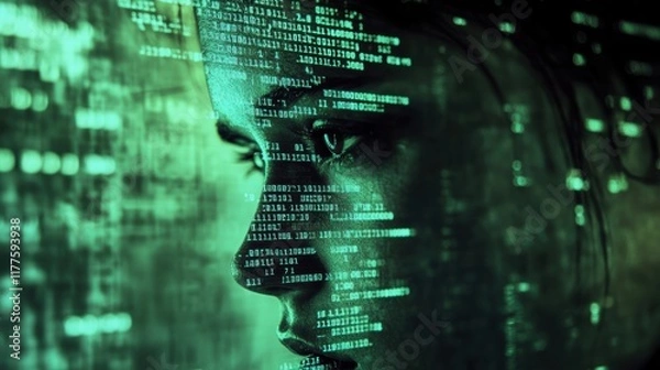 Fototapeta Binary code is projected on a woman's face, creating a futuristic concept of programming, artificial intelligence, and technological advancement