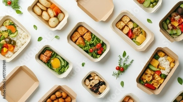 Fototapeta Assorted take-away boxes with visible fresh food contents, laid out in an organized fashion on white