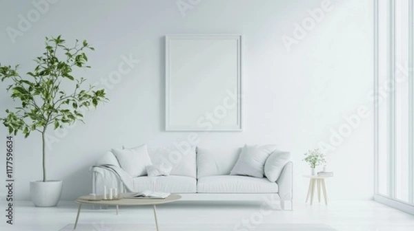 Fototapeta Blank picture frame mockup on white wall. White living room design. View of modern scandinavian style interior with artwork mock up on wall. Home staging and minimalism concept