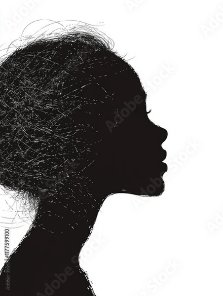 Fototapeta Silhouette of a graceful girl with textured hair against a stark white background, offering ample empty space for creative text placement.