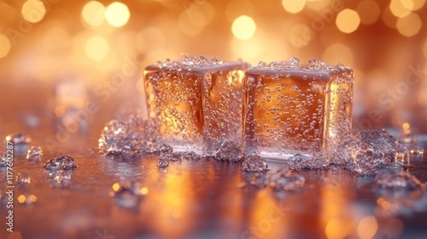 Fototapeta Two transparent ice cubes with water droplets, resting on a reflective surface, illuminated by warm golden lights.