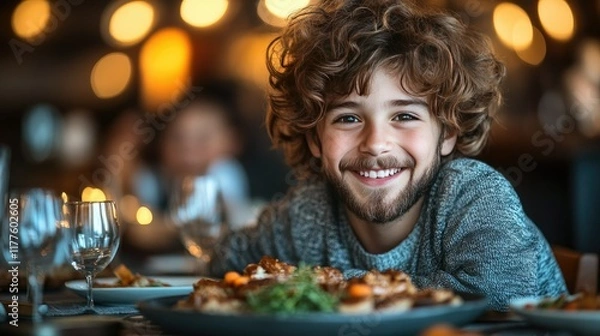 Fototapeta '  Boy smiles at table with food indoors, dinner background. Stock photo use.