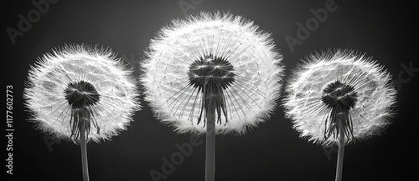 Fototapeta An intimate black and white photograph of a dandelion flower on a black background, producing a negative image, and providing room for additional copy