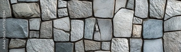Fototapeta Varied stones arranged in a decorative wall pattern, textured surface.