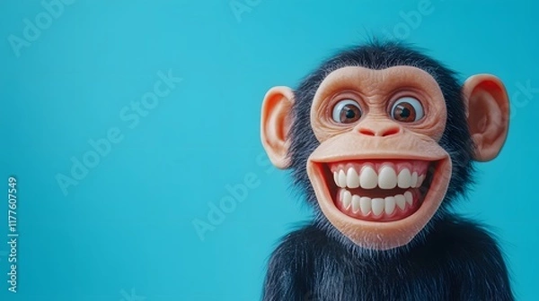 Fototapeta Funny smiling monkey on a blue background
