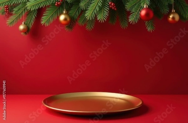Fototapeta Empty gold plate under Christmas tree, space for goods and text. 