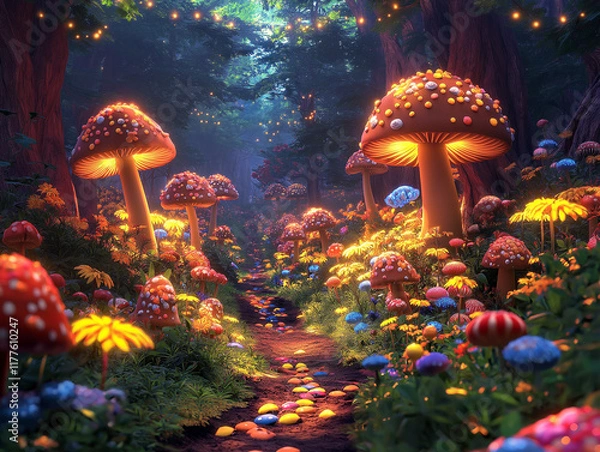 Fototapeta An enchanting chocolate glade illuminated by soft, glowing lights, with chocolate mushrooms and candy flowers dotting the landscape, where colorful jellybeans and chocolate critters add a whimsical to