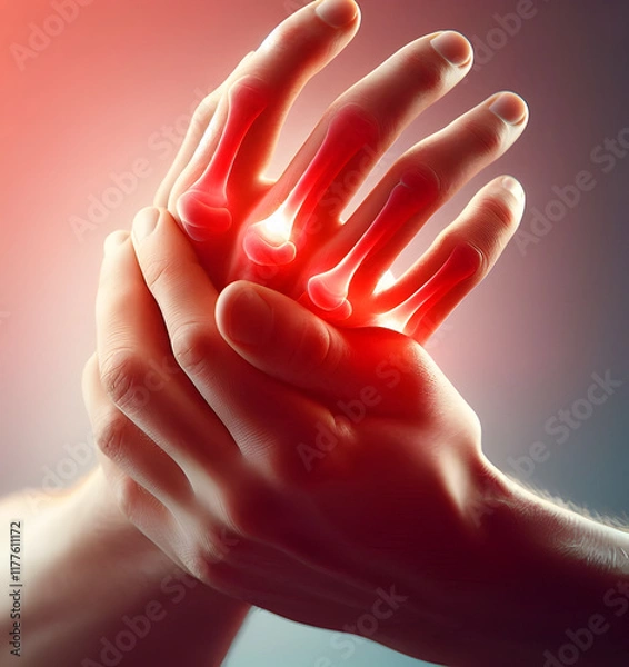 Fototapeta Redness in the fingers of man. Concept of rheumatic arthritis, rheumatism, gout, joint swelling