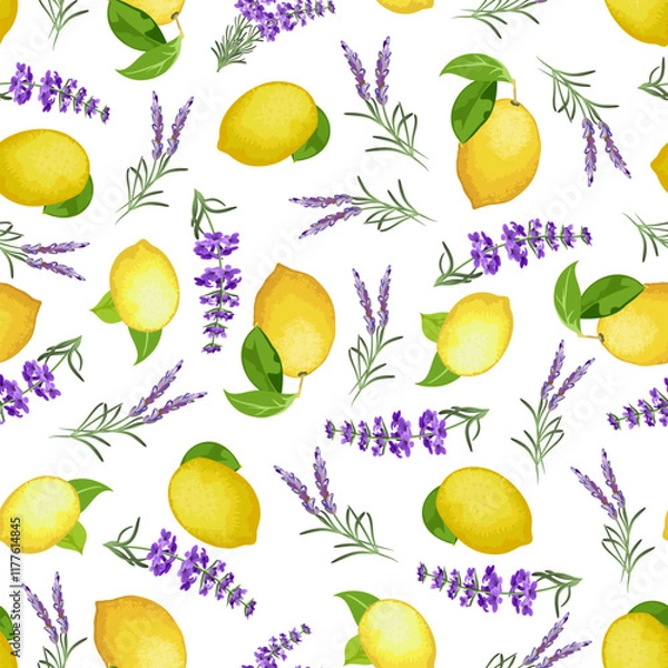 Fototapeta Yellow lemons and lavender.Vector pattern with branches of lemons and lavender on a white background.