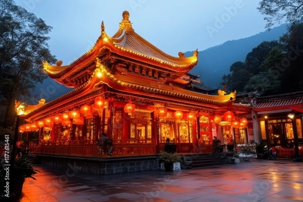 Fototapeta A glowing golden ubosot at night, with its intricate carvings illuminated by soft spotlights