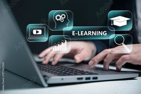 Fototapeta e - learning and education concept on a virtual screen.