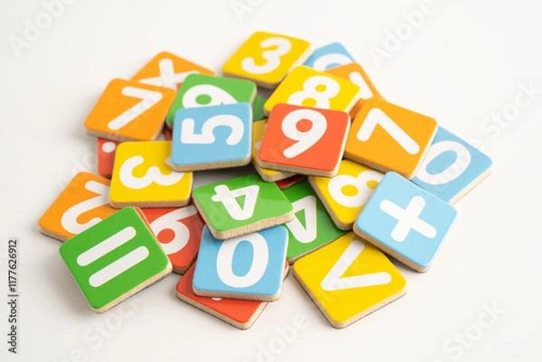 Fototapeta Math number colorful on white background, education study mathematics learning teach.