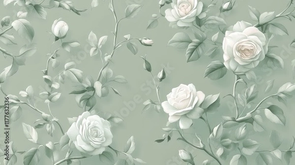 Obraz Elegant seamless pattern with small rose branches on pale green background