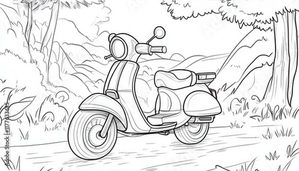 Fototapeta A vintage scooter is parked on a path through a lush forest. This coloring page offers a peaceful nature scene combined with a classic vehicle.