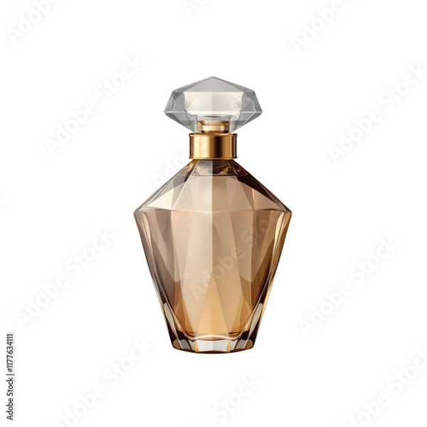 Fototapeta Elegant perfume bottle with a faceted glass design and a gold cap. The luxurious and stylish packaging is ideal for high-end fragrances and cosmetics. Isolated on transparent background, png.
