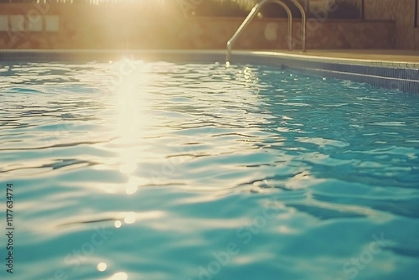 Obraz Serene sunset view of a swimming pool's shimmering turquoise water, sun reflecting beautifully.