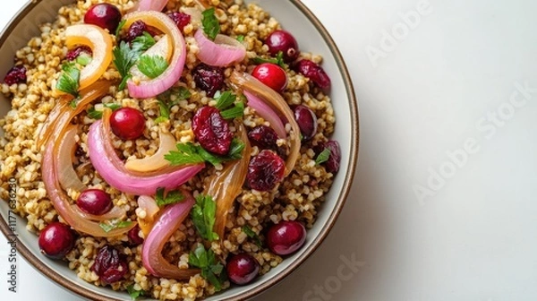 Fototapeta visually captivating layout featuring freekeh salad with caramelized onions and cranberries placed on solid white background