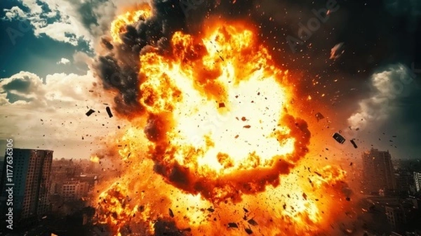 Fototapeta Massive Explosion in Urban Street, With Debris Flying and Intense Flames Erupting, Capturing Destruction and Chaos