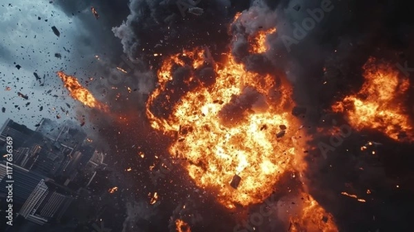 Fototapeta Massive Explosion in Urban Street, With Debris Flying and Intense Flames Erupting, Capturing Destruction and Chaos