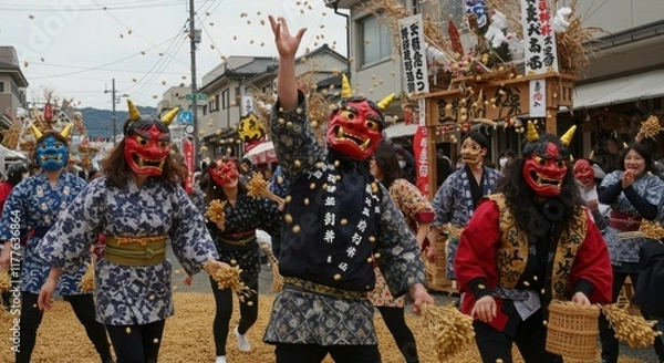 Obraz 日本の鬼祭り：赤い鬼の面をかぶった人々が豆まきをしている祭りの風景