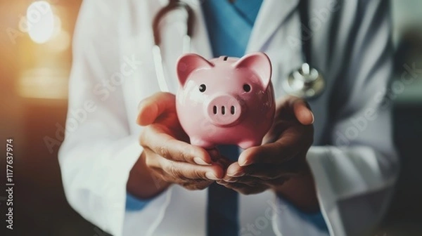 Fototapeta A healthcare professional holding a pink piggy bank with both hands, wearing a white coat and a stethoscope around their neck. The focus is on the hands and piggy bank, symbolizing trust and financial