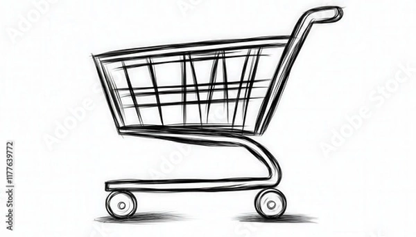Fototapeta A hand-drawn sketch of an empty shopping cart. Ideal for e-commerce websites blogs or retail-related designs.  Adds a personalized touch.