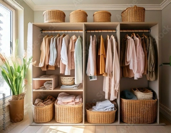 Obraz A beautifully organized closet with neatly folded pastel clothes on shelves, wicker baskets with labels, and a small bouquet of tulips placed on top. Soft, natural lighting enhances the calm, organize