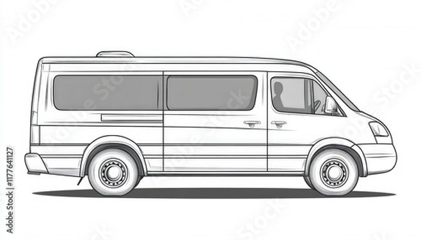Fototapeta Side view line art drawing of a passenger van. Ideal for transportation illustrations websites or travel-related designs.