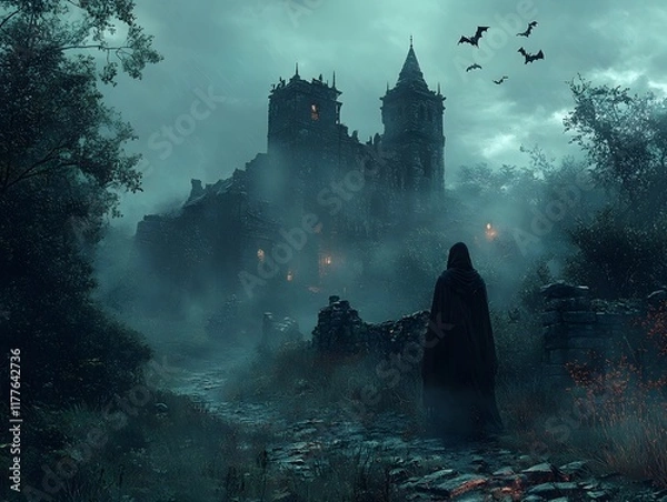 Fototapeta Eerie Crumbling Castle Shrouded in Mysterious Mist with Bats Encircling Its Ancient Towers