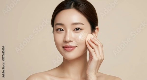 Obraz 艶肌の女性がメイクスポンジでファンデーションを塗るポートレート