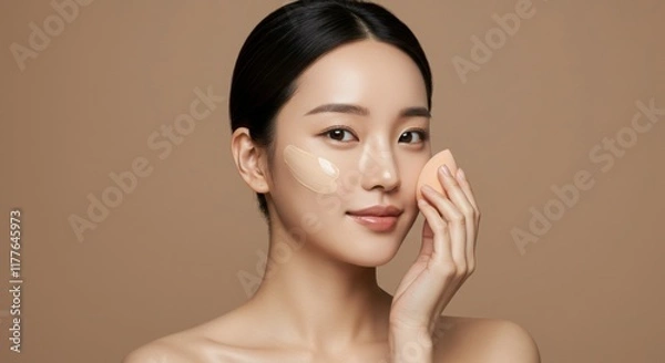 Obraz 美しいアジア人女性のベースメイクアップ：ファンデーションスポンジ使用、すっぴん風ナチュラル肌