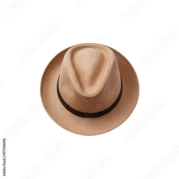 Fototapeta Tan Fedora Hat: A stylish and classic tan fedora hat with a black band, viewed from above. Perfect for adding a touch of vintage charm to your designs. 