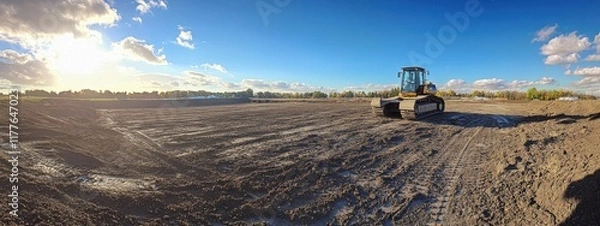 Fototapeta Construction machinery prepares land for development in an open field under a bright sky during sunset