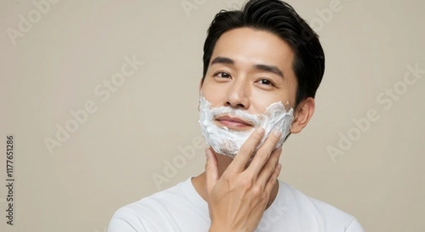 Obraz シェービングフォームを顔に塗る笑顔の若い男性のクローズアップポートレート
