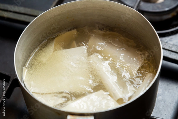 Fototapeta The dough for khinkali is thin and boiled in meat broth in a saucepan with spices. Horizontal photo.