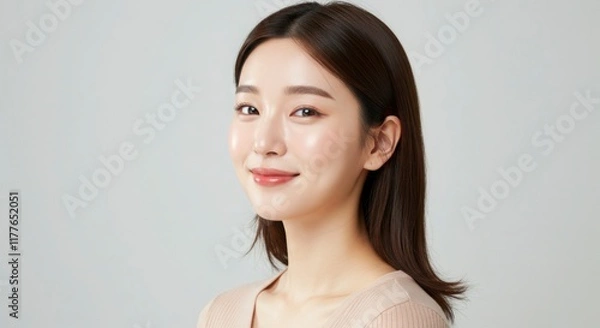 Obraz 笑顔の美しい若い女性のポートレート, 白背景, スキンケア, ナチュラルメイク, 美容イメージ