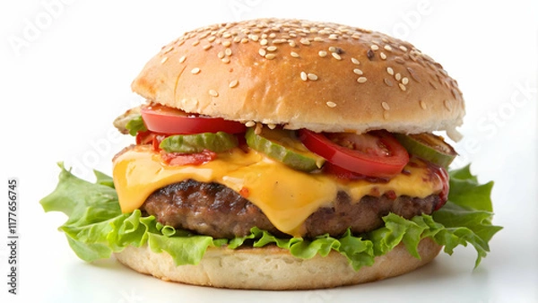 Fototapeta Title Close-Up Cheeseburger with Sesame Seed Bun and Fresh Vegetables