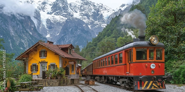 Fototapeta A vintage steam train pulling into a station with a yellow building and a backdrop of snow-capped mountains.